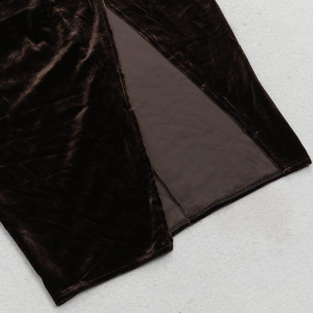 AIIZIE CHESTNUT ONE-SHOULDER BACKLESS BODYCON VELVET PLEATED MAXI DRESS - product image