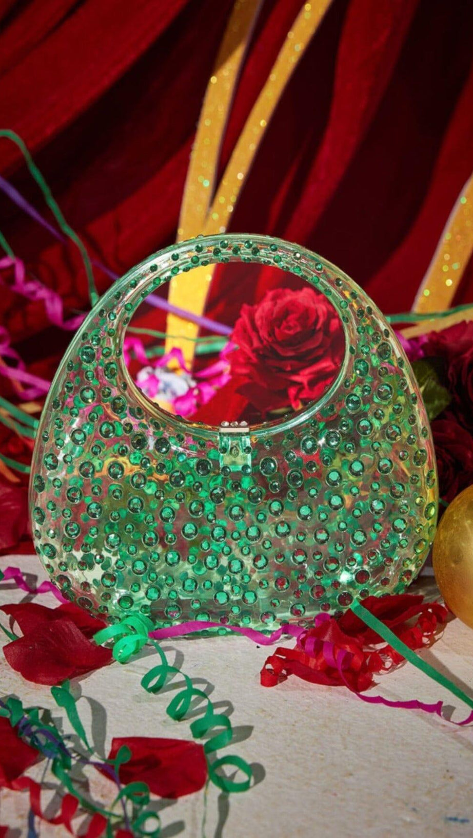 CLEAR EMBELLISHED BAG IN GREEN