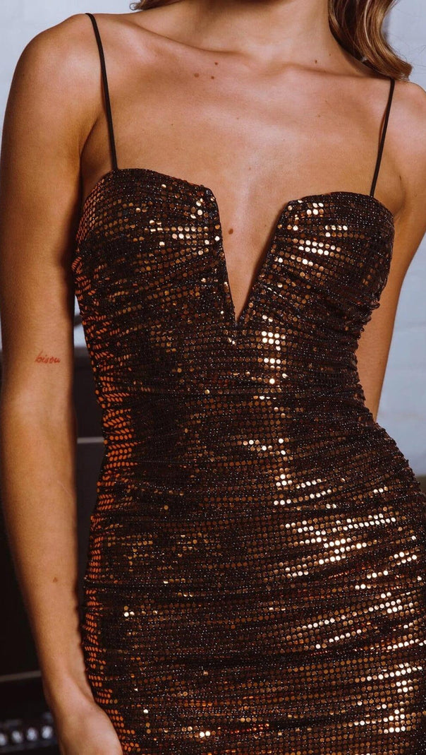 AIIZIE COFFEE STRAPPY SEQUIN MIDI DRESS - product image