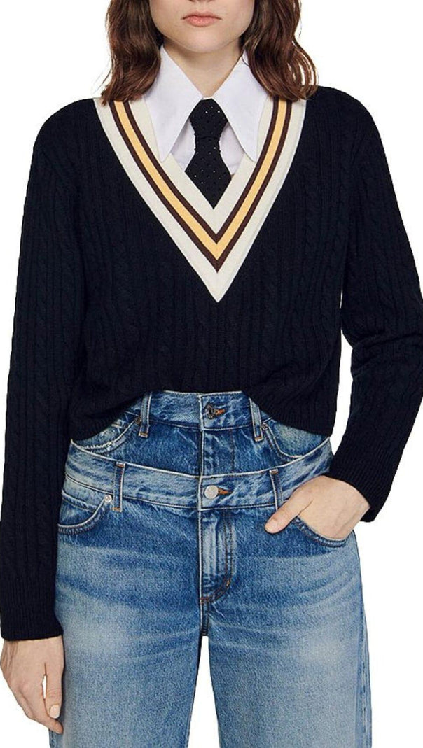 AIIZIE CONTRAST STRIPE CABLE KNIT SWEATER - product image