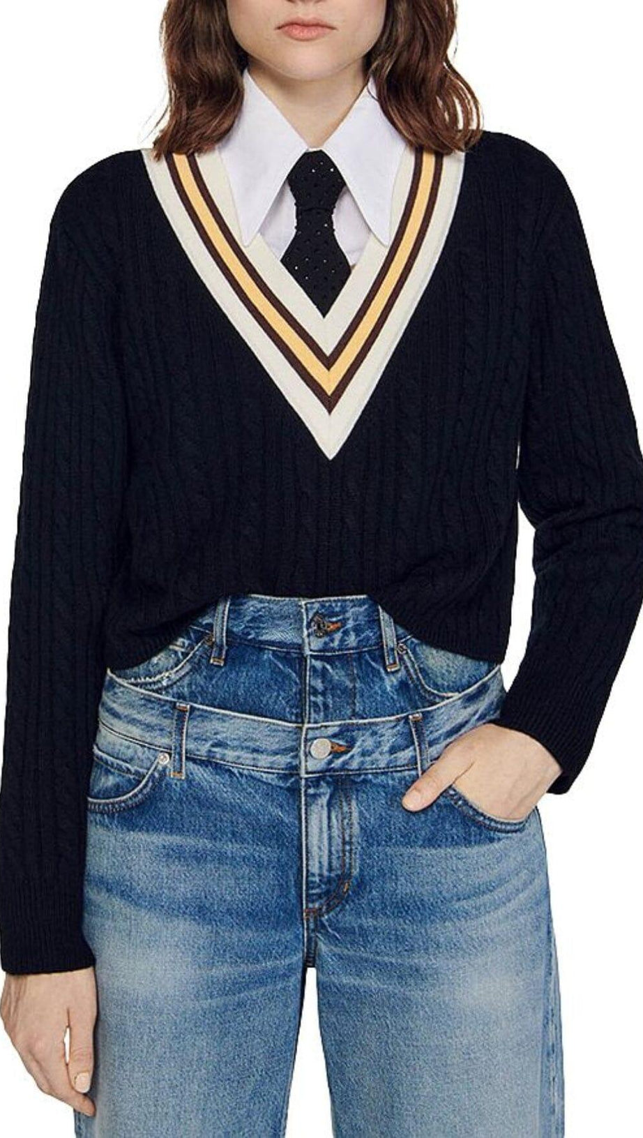 CONTRAST STRIPE CABLE KNIT SWEATER