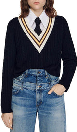 CONTRAST STRIPE CABLE KNIT SWEATER