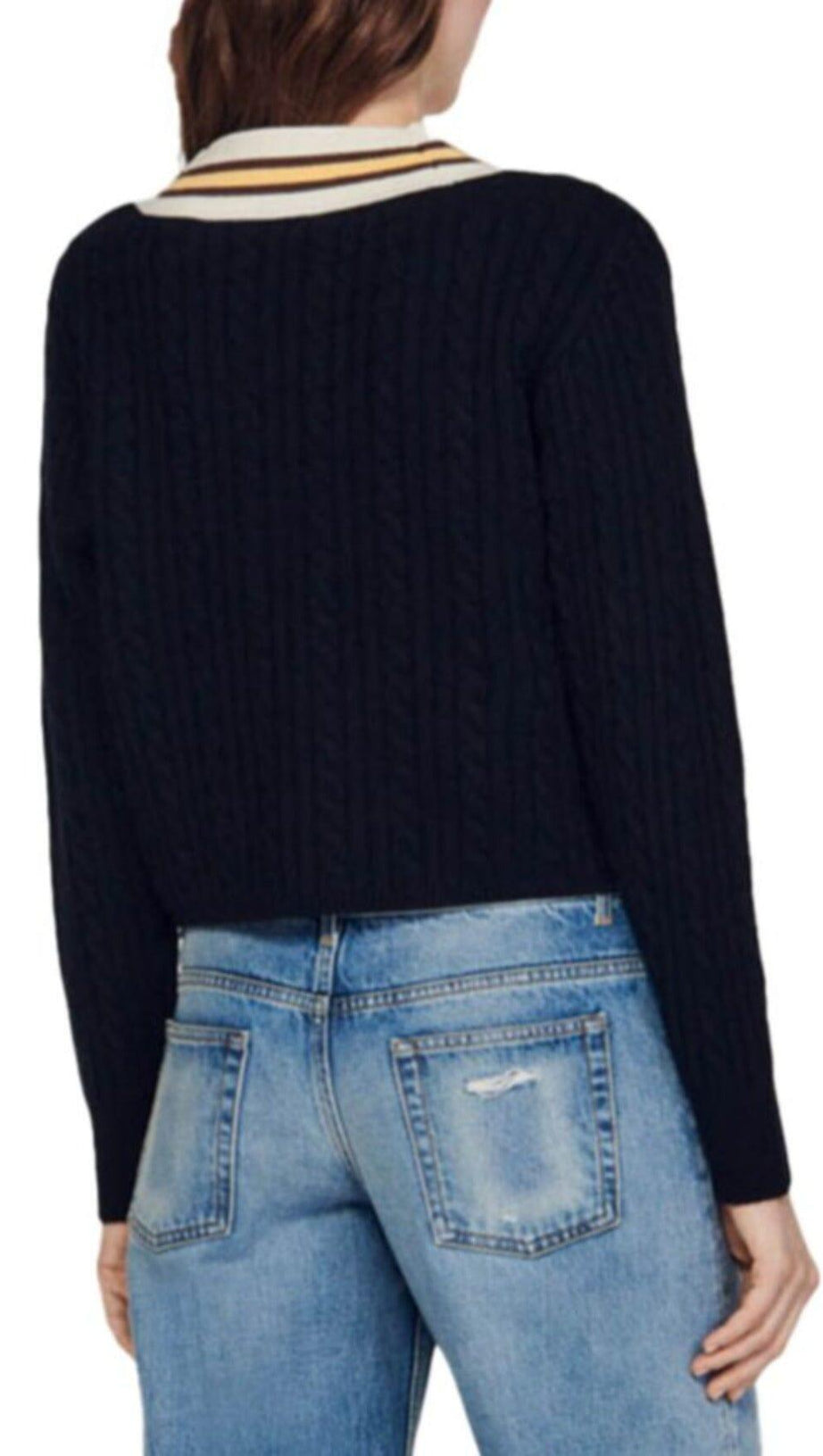 CONTRAST STRIPE CABLE KNIT SWEATER