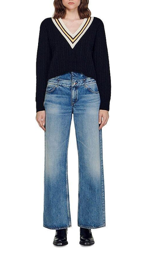 CONTRAST STRIPE CABLE KNIT SWEATER