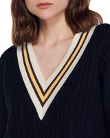 CONTRAST STRIPE CABLE KNIT SWEATER