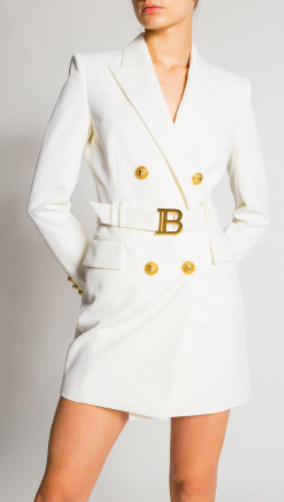 CREAM BELT METAL BUTTON MINI DRESS