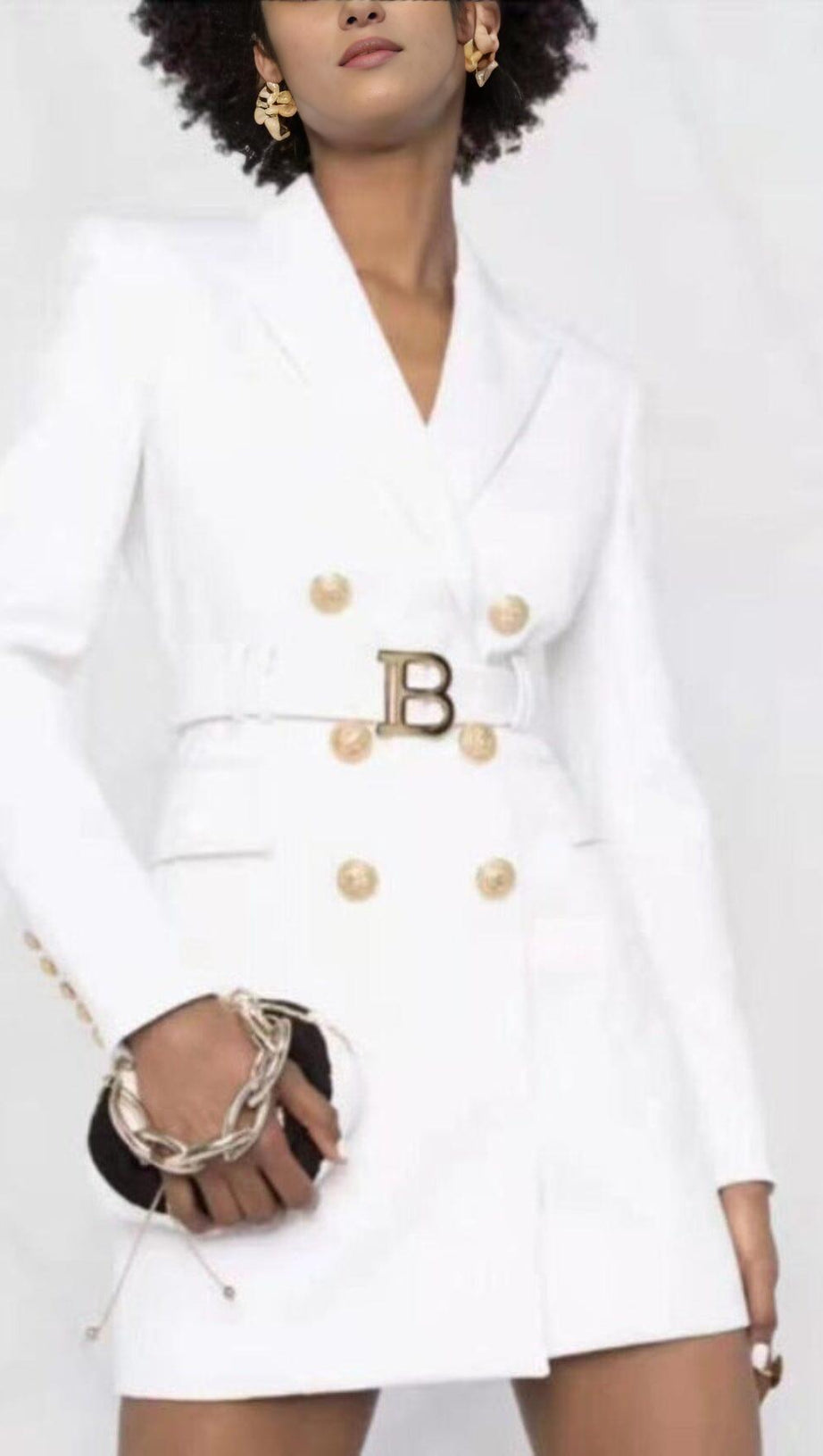 CREAM BELT METAL BUTTON MINI DRESS