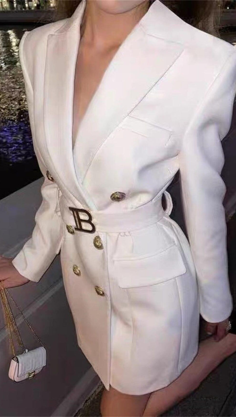 CREAM BELT METAL BUTTON MINI DRESS