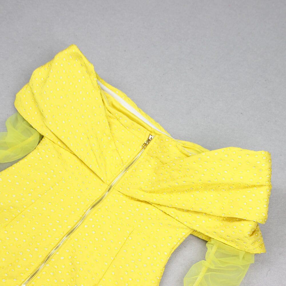 AIIZIE YELLOW OFF SHOULDER RUCHED MESH MINI DRESS - product image