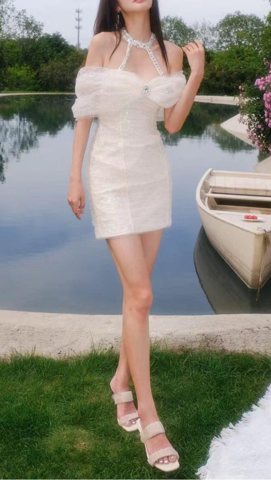 CRYSTAL SEQUIN STRAPLESS MINI DRESS