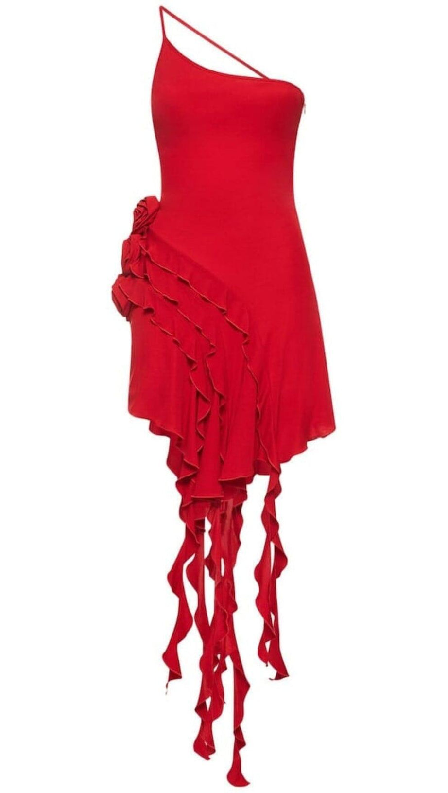 ROSE-DETAIL RUFFLED MINI DRESS IN RED