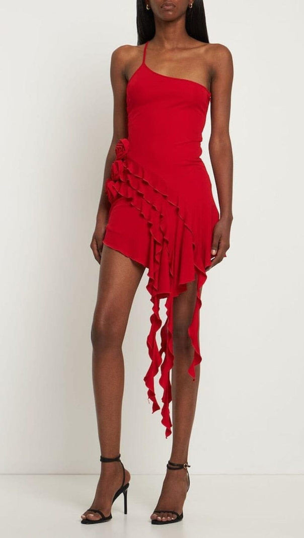 AIIZIE ROSE-DETAIL RUFFLED MINI DRESS IN RED - product image