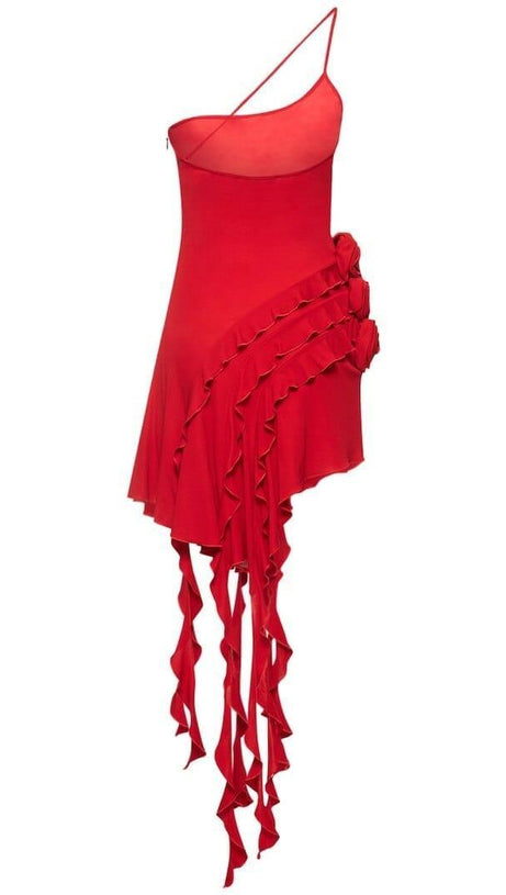 MINI ABITO ROSSO CON DETTAGLI A ROSE E VOLANT