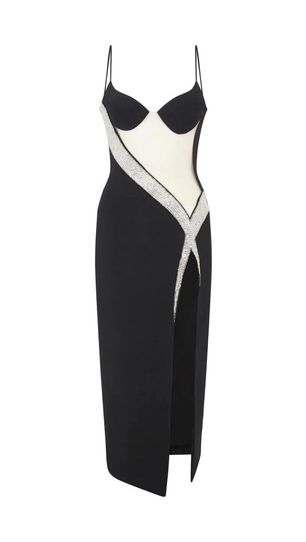 AIIZIE MESH BANDAGE SLIPT MIDI DRESS IN BLACK - product image