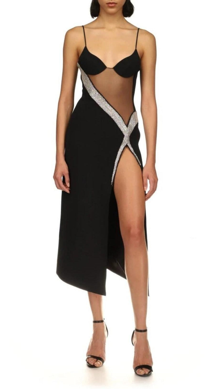MESH BANDAGE SLIPT MIDI DRESS IN BLACK