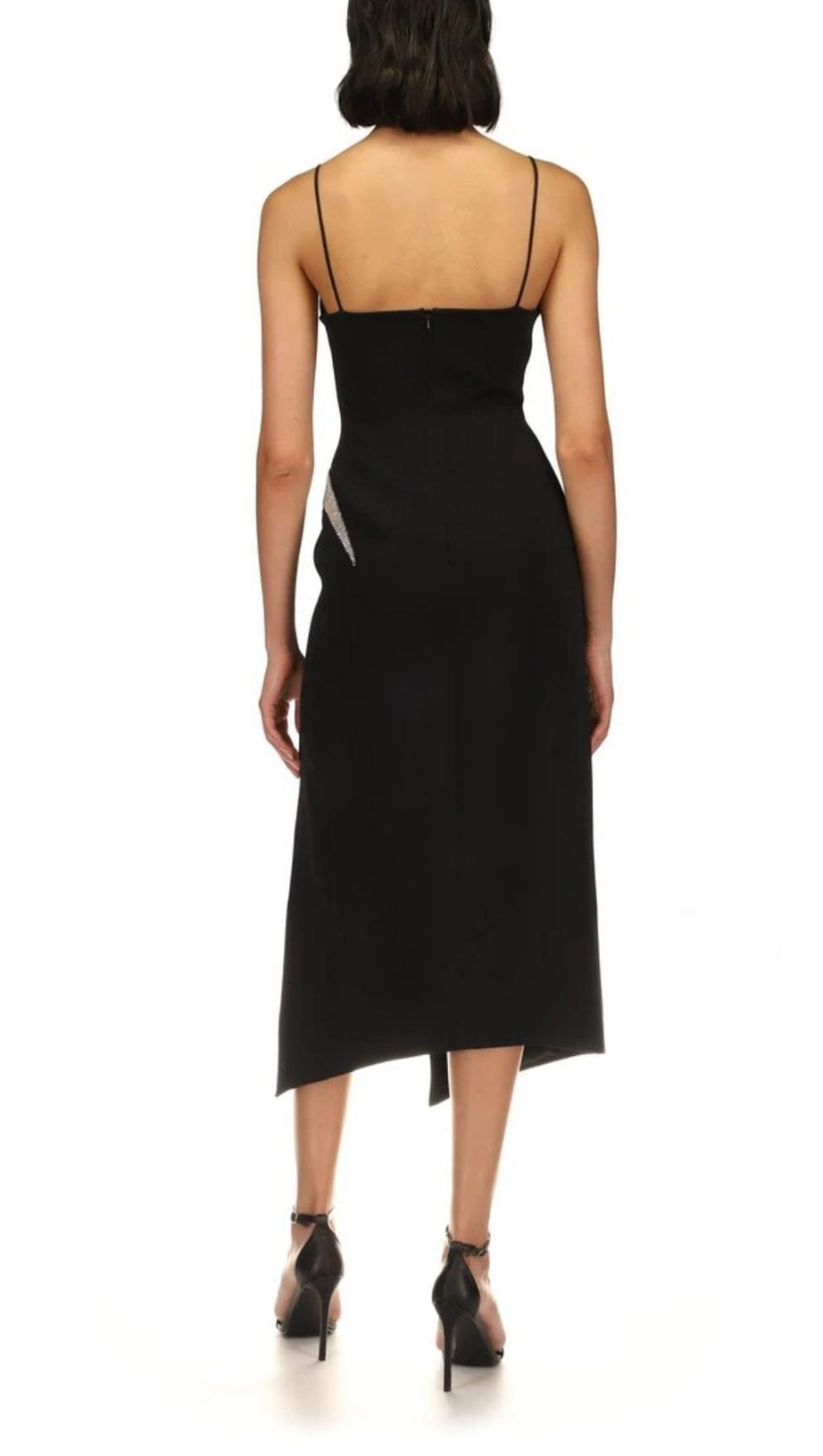 MESH BANDAGE SLIPT MIDI DRESS IN BLACK