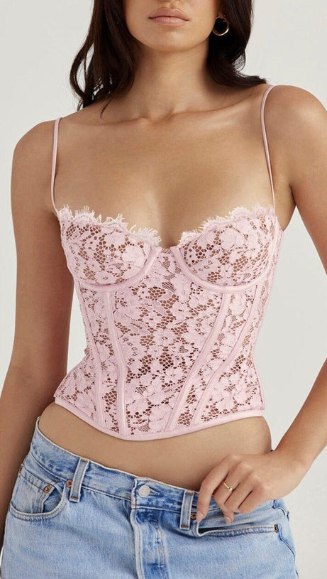 BÜGELKORSETT AUS ROSA SPITZE