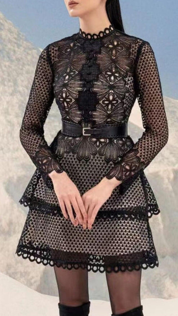 AIIZIE ROUND NECK LONG SLEEVE A LINE EMBROIDERY HOLLOW OUT MINI DRESS - product image