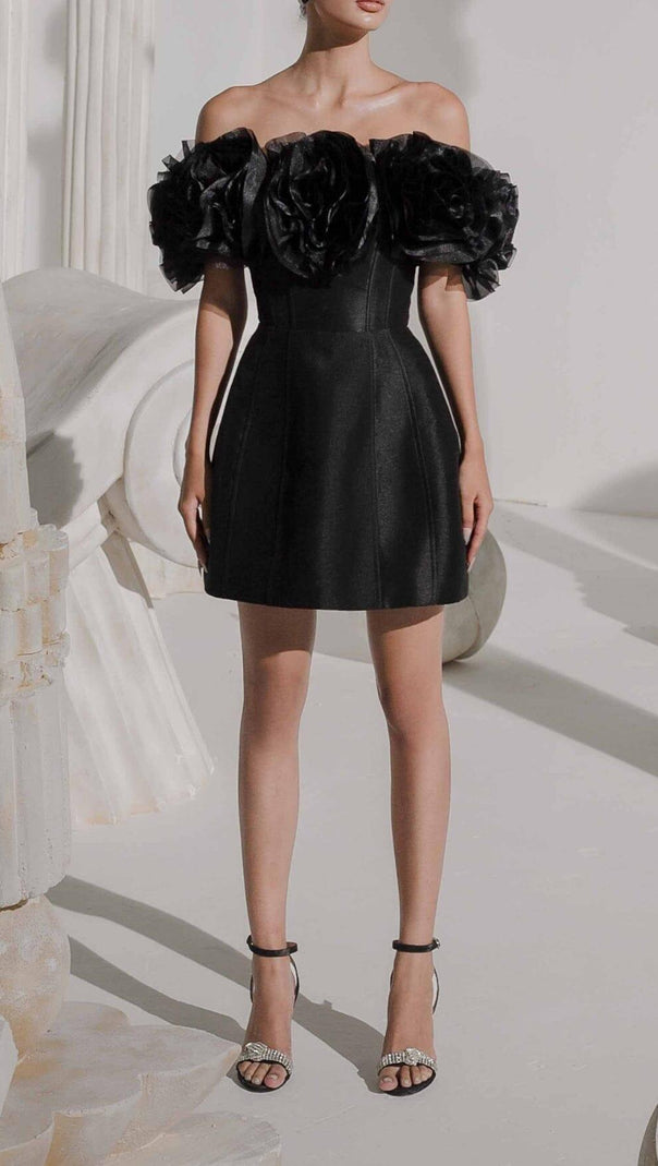 AIIZIE 3D FLORAL ONE-SHOULDER MINI DRESS IN BLACK - product image