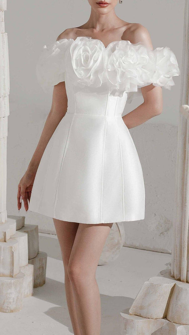 AIIZIE 3D FLORAL ONE-SHOULDER MINI DRESS IN WHITE - product image
