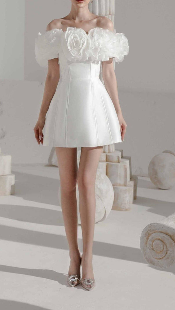 AIIZIE 3D FLORAL ONE-SHOULDER MINI DRESS IN WHITE - product image