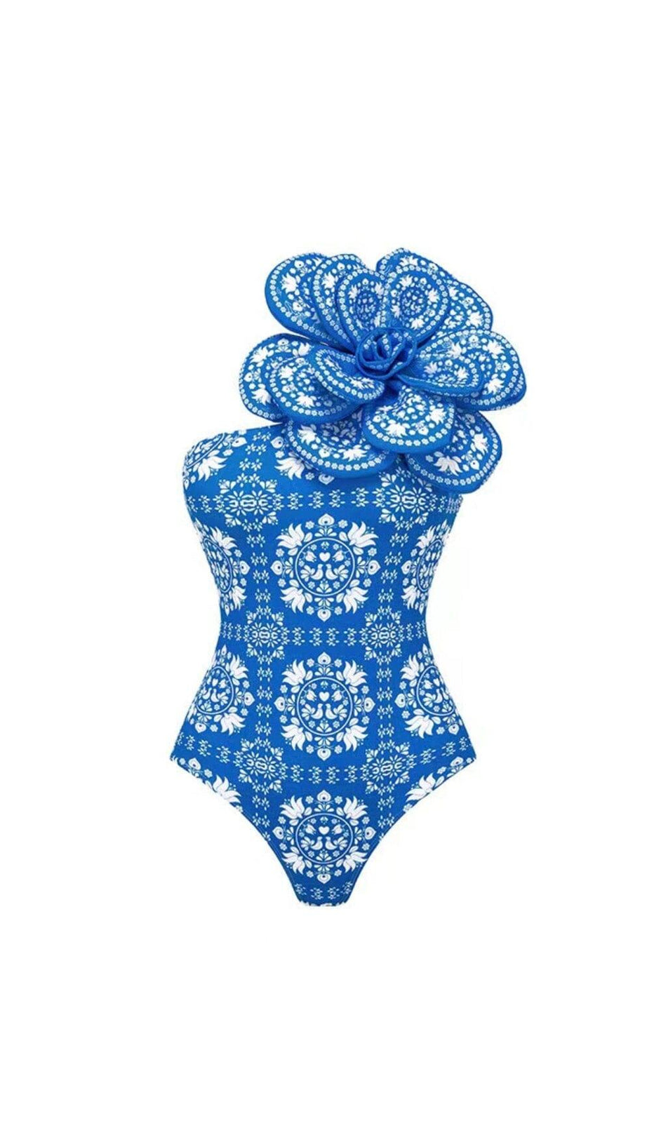 Costume da bagno intero con stampa monospalla e gonna a fiori 3D