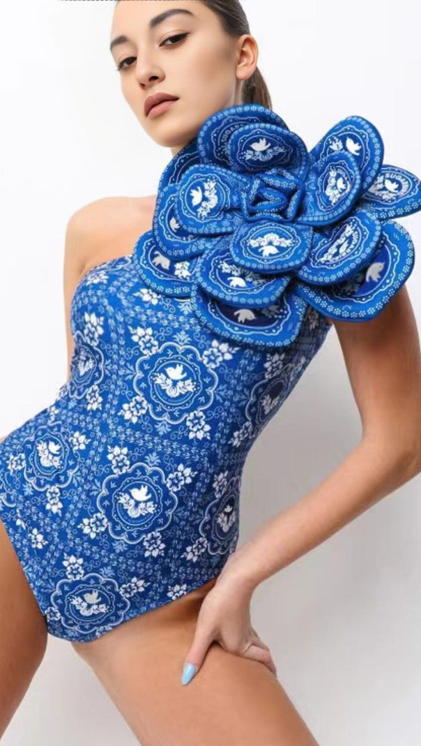 AIIZIE 3D FLOWER ONE SHOULDER PRINTED ONE PIECE SWIMSUIT AND SKIRT - product image