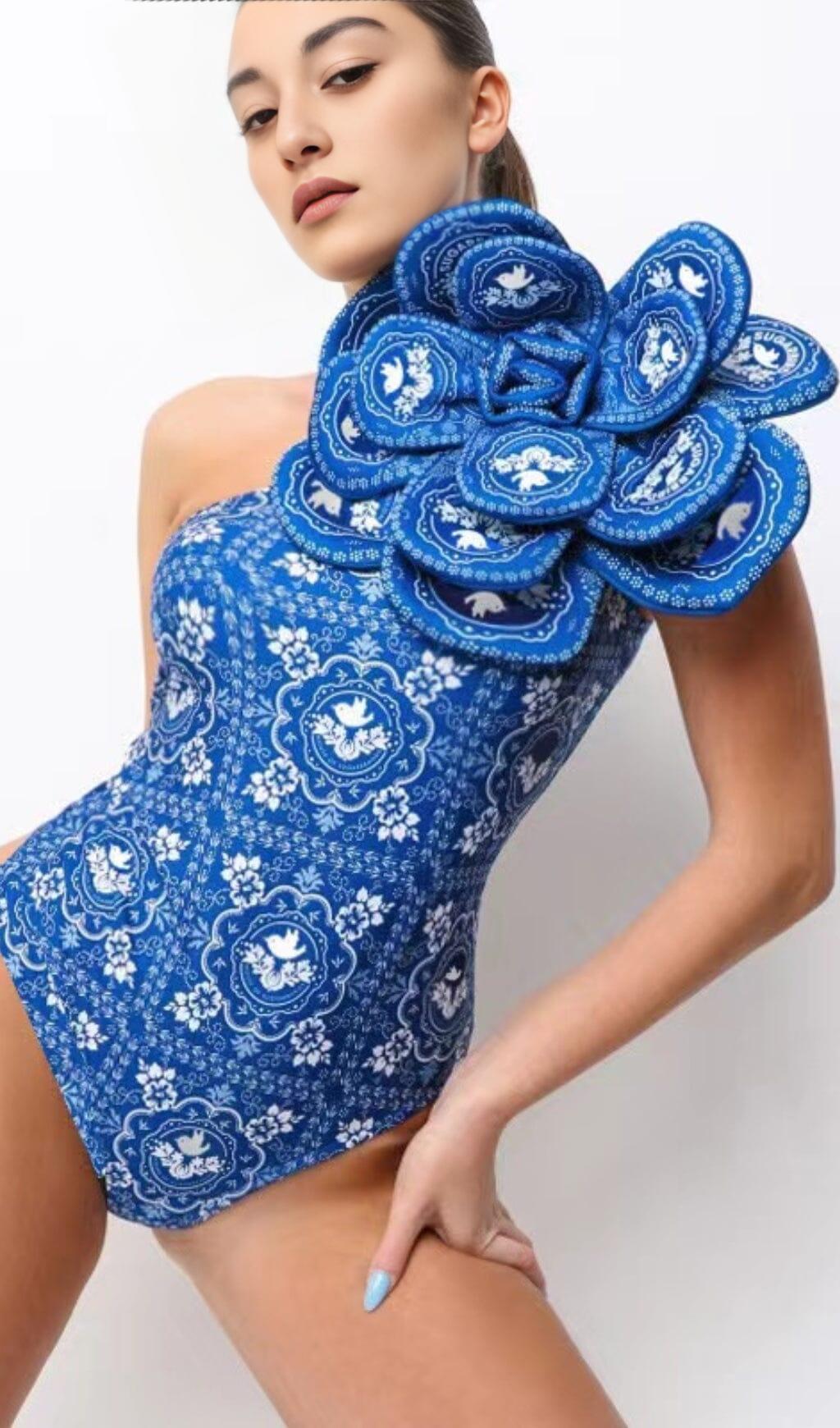 3D FLOWER ONE SHOULDER PRINTED ONE PIECE SWIMSUIT AND SKIRT