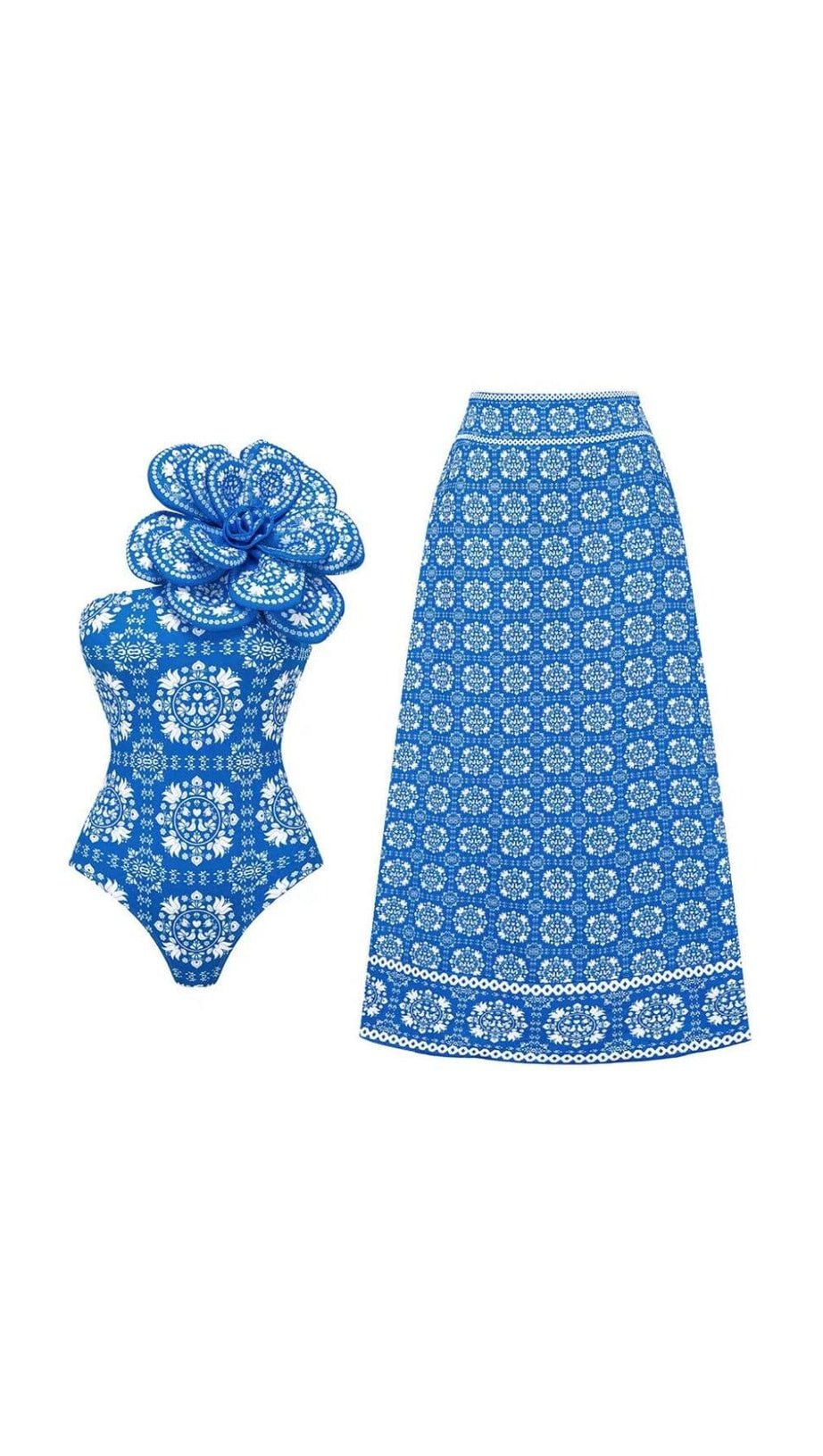 Einteiliger Badeanzug und Rock mit 3D-Blumen-Print und einer Schulter