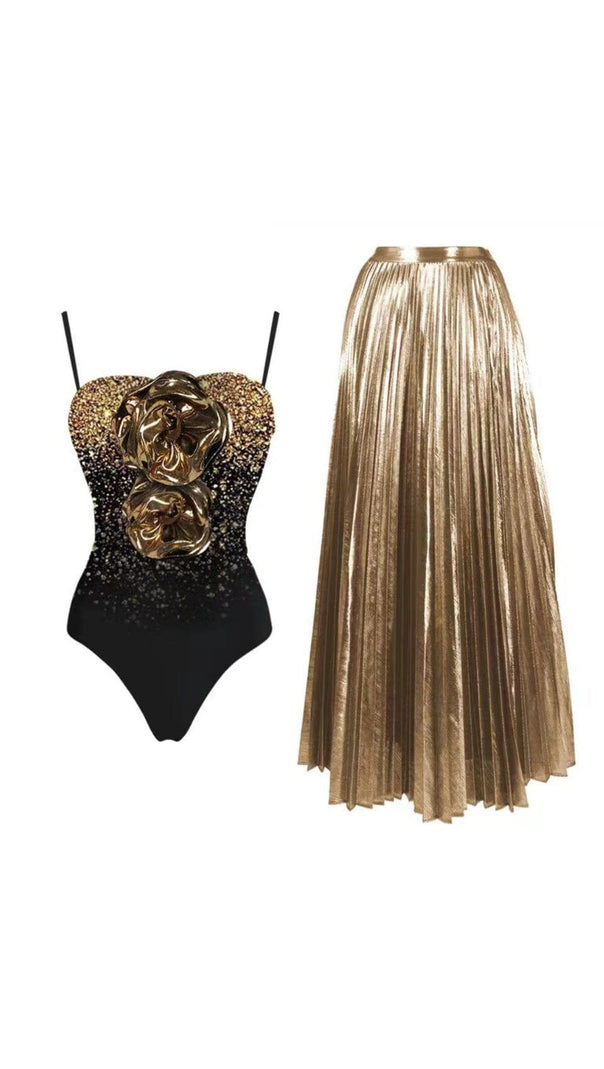 AIIZIE 3D FLOWER SHINY PRINTED ONE SHOULDER ONE PIECE SWIMSUIT AND SKIRT - product image