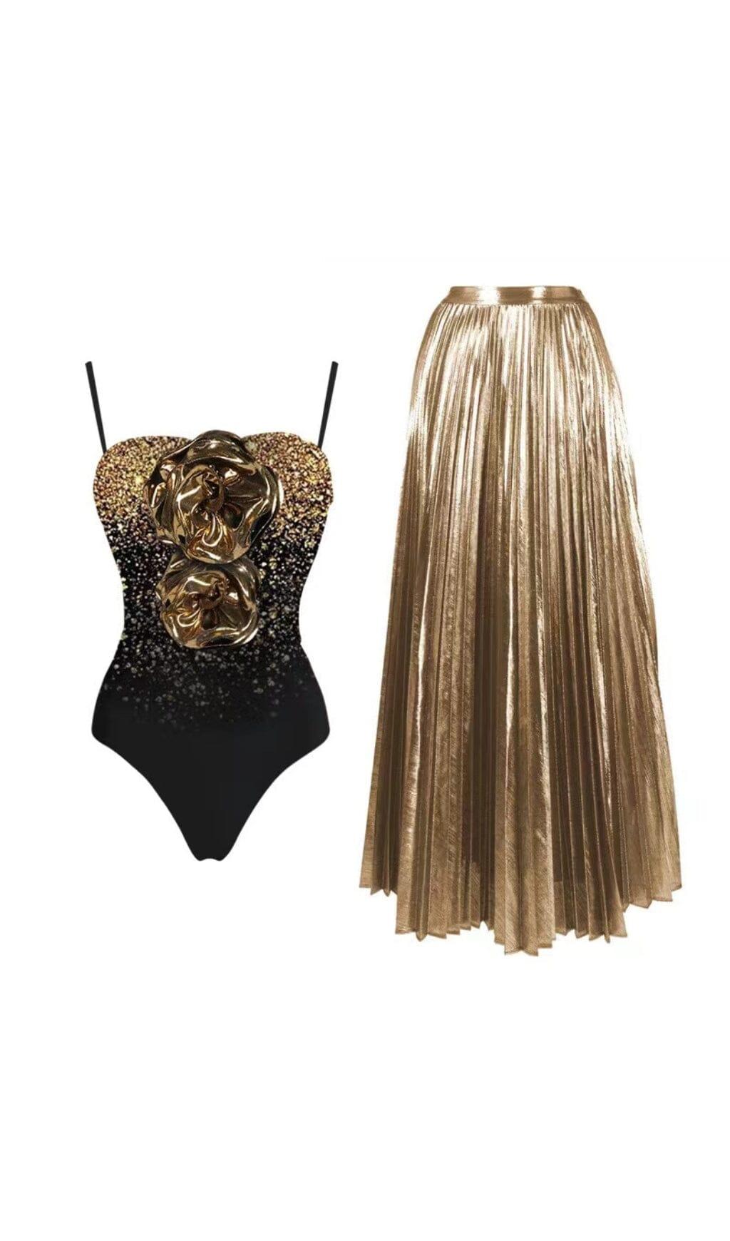 Einteiliger Badeanzug und Rock mit 3D-Blumen-Print und einer Schulter 