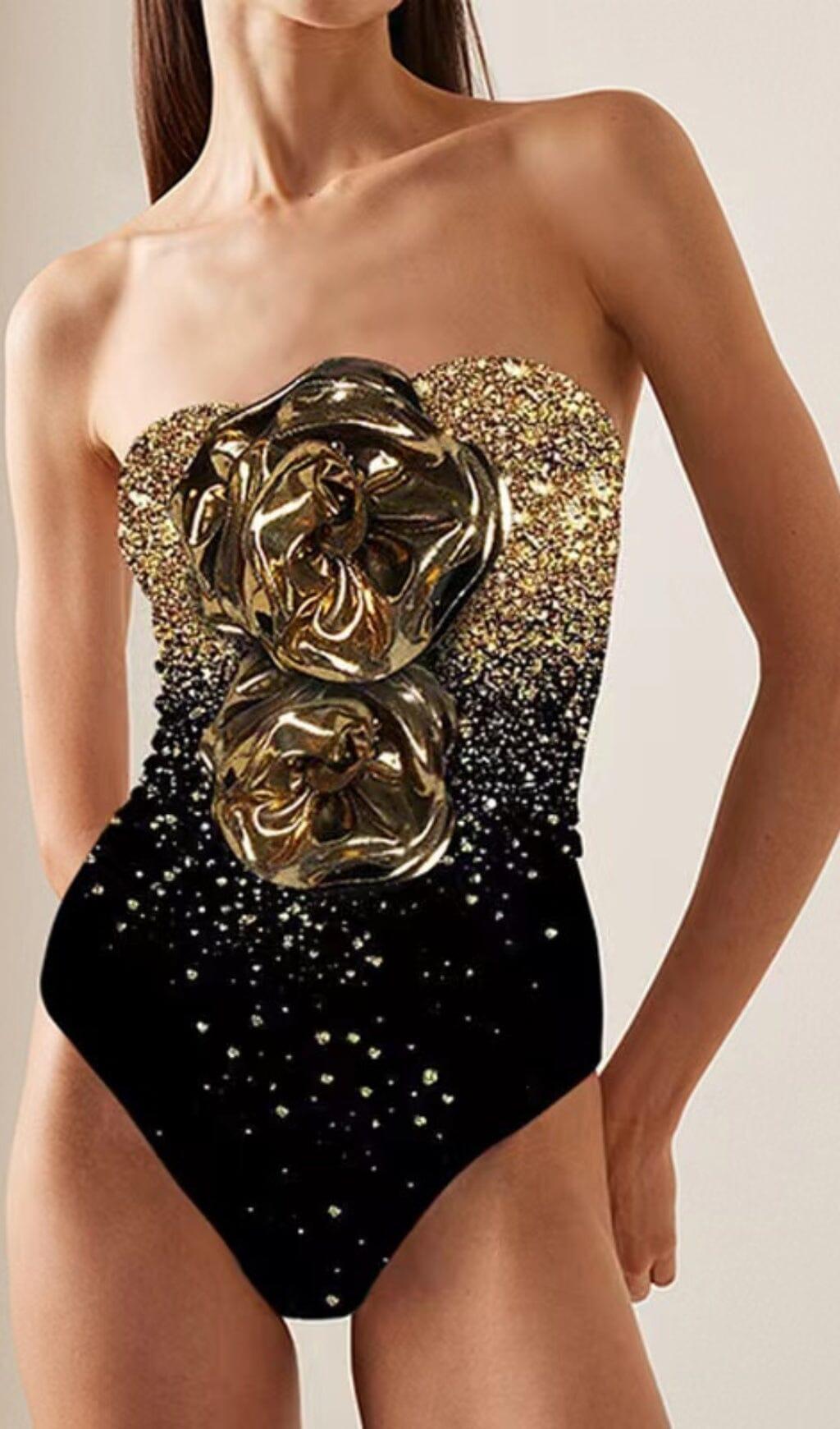 Einteiliger Badeanzug und Rock mit 3D-Blumen-Print und einer Schulter 