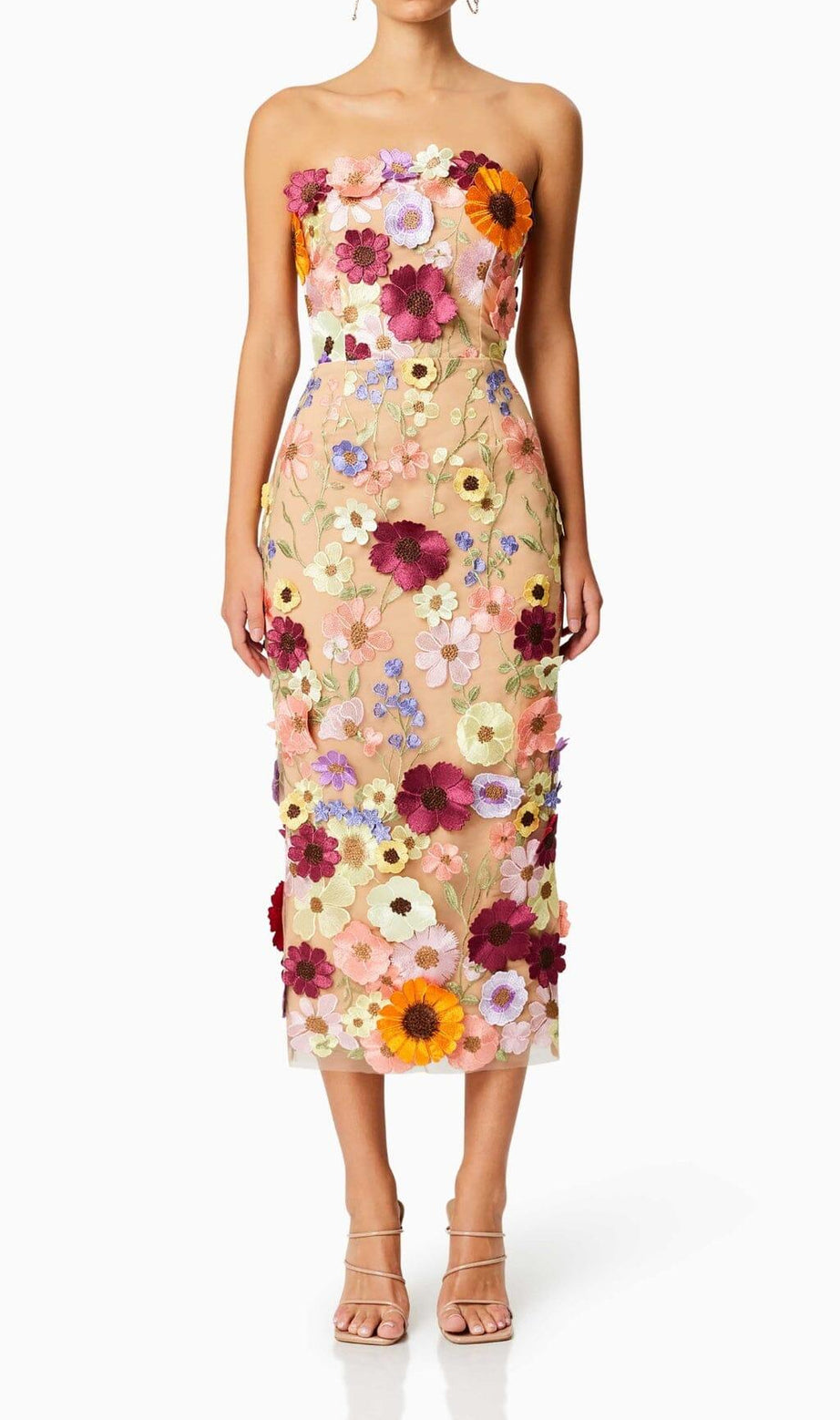 TRÄGERLOSES MIDIKLEID MIT 3D-BLUMEN 