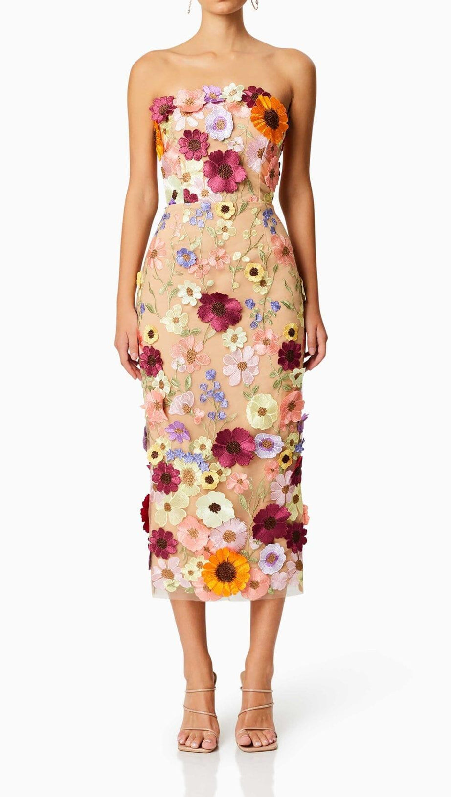 TRÄGERLOSES MIDIKLEID MIT 3D-BLUMEN 