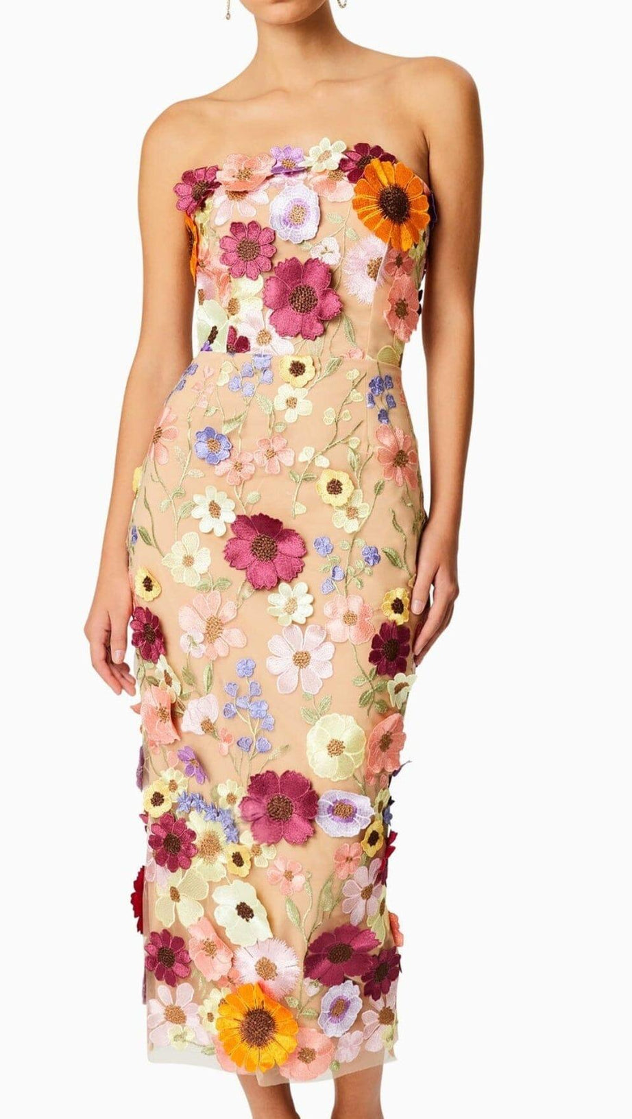 TRÄGERLOSES MIDIKLEID MIT 3D-BLUMEN 