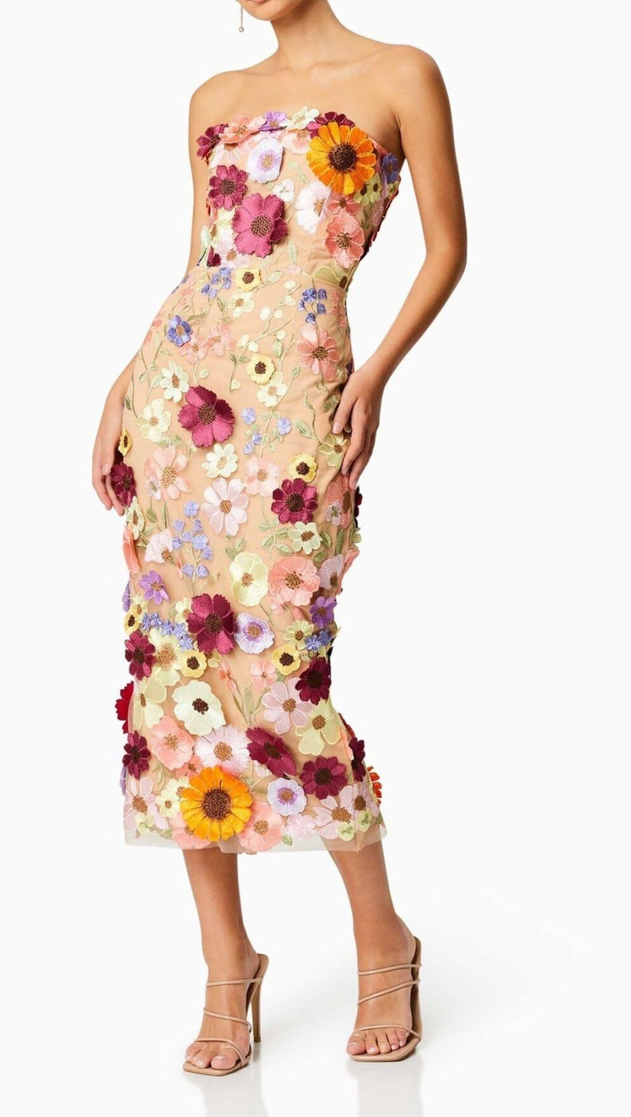 TRÄGERLOSES MIDIKLEID MIT 3D-BLUMEN 