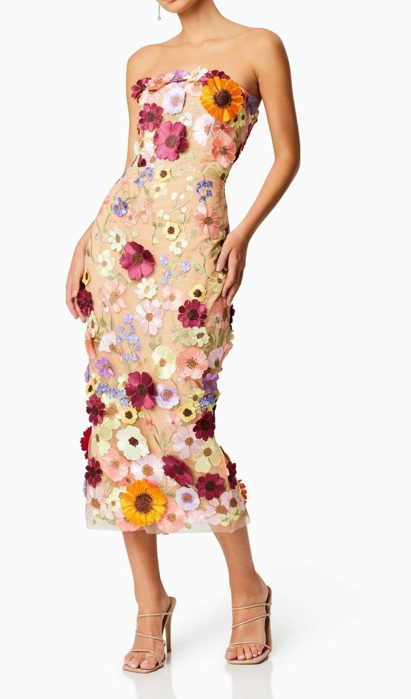 3D FLOWER STRAPLESS MIDI DRESS