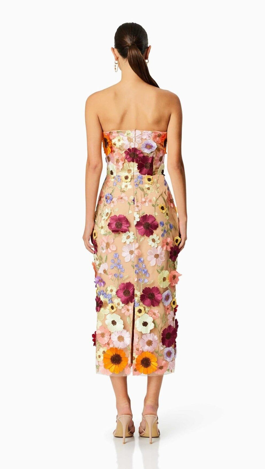 TRÄGERLOSES MIDIKLEID MIT 3D-BLUMEN 