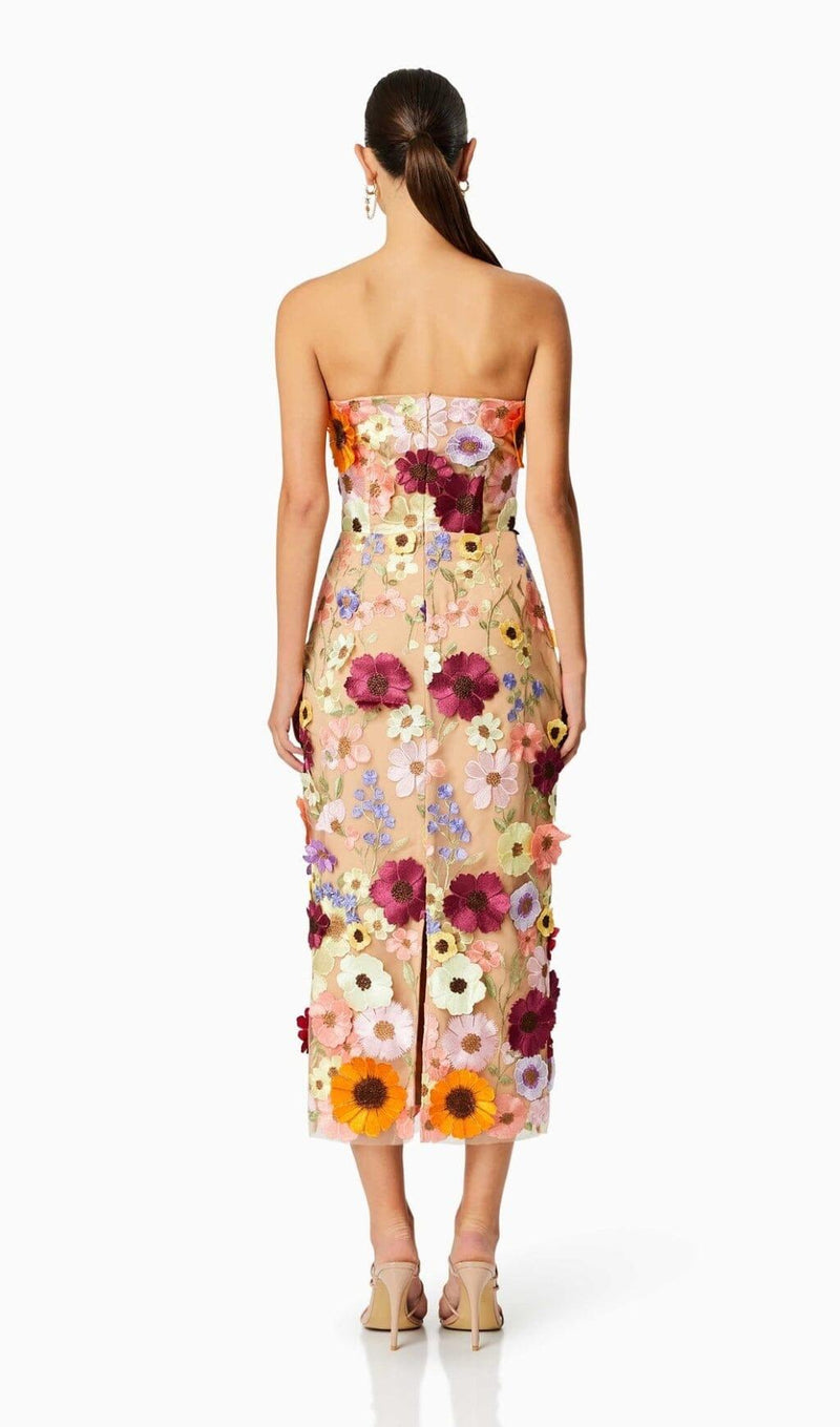 3D FLOWER STRAPLESS MIDI DRESS