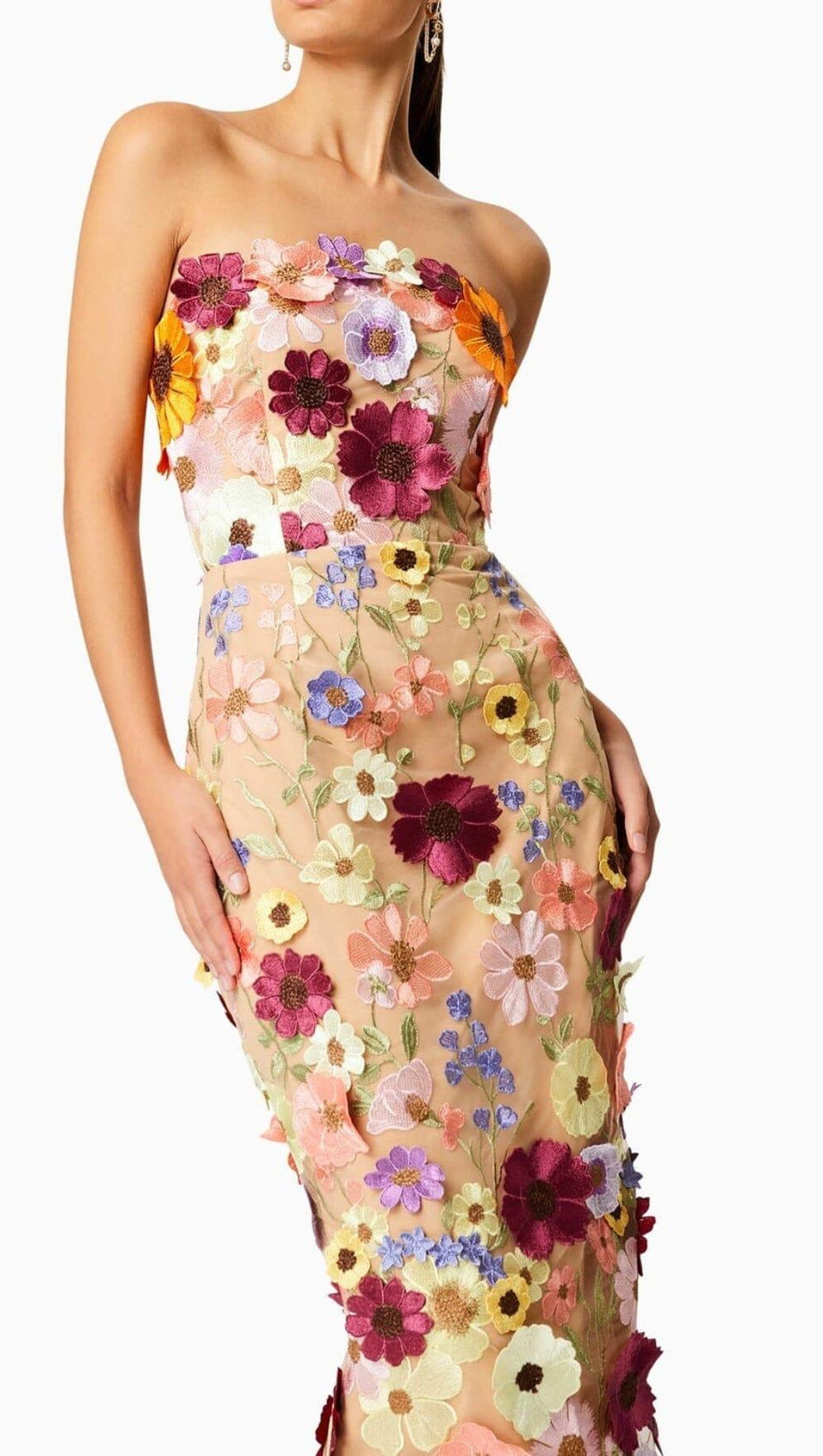 TRÄGERLOSES MIDIKLEID MIT 3D-BLUMEN 