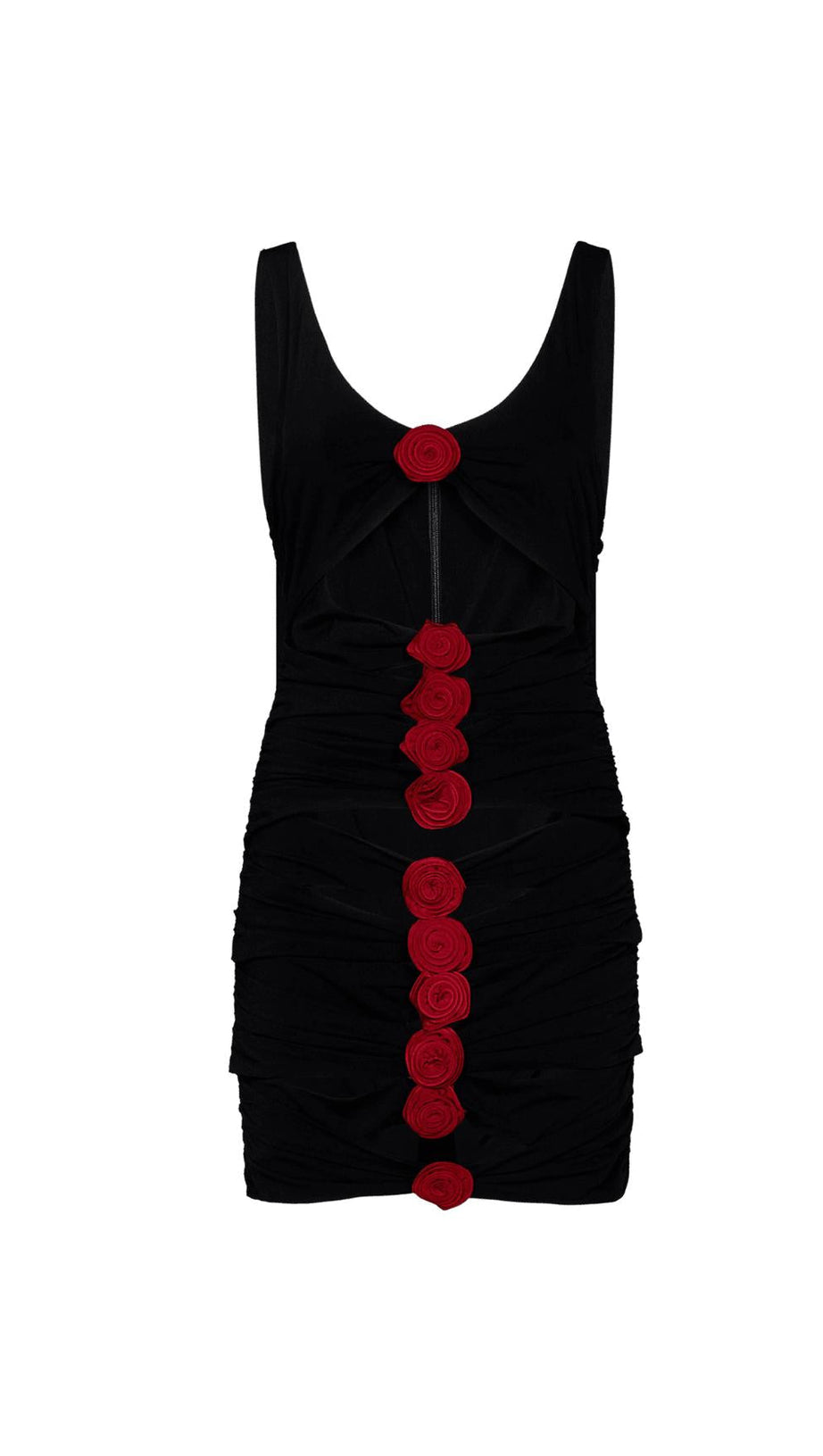 MINIKLEID AUS SCHWARZEM STRETCH-VISKOSEJERSEY MIT 3D-ROSENBLUMEN