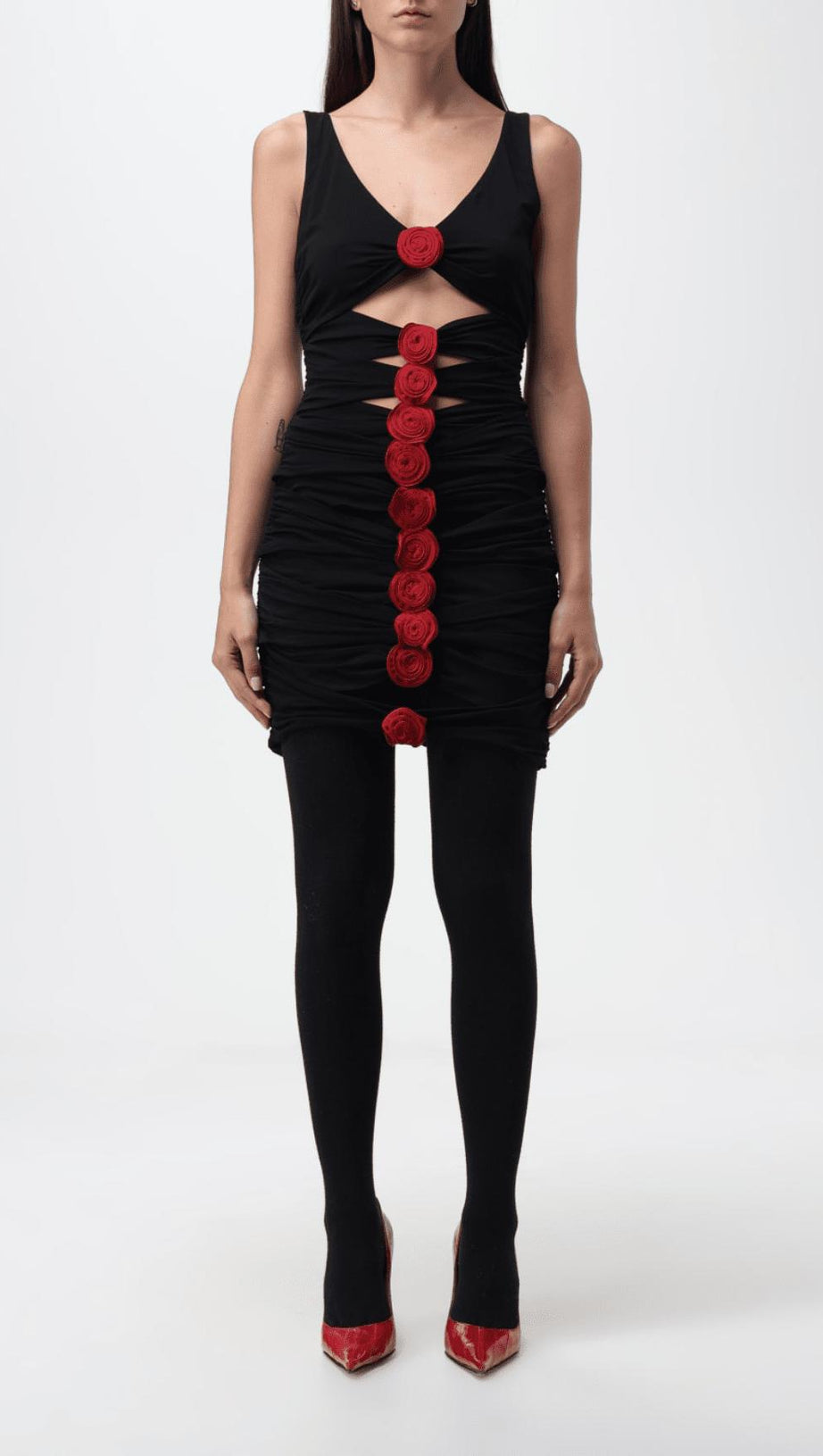 MINIKLEID AUS SCHWARZEM STRETCH-VISKOSEJERSEY MIT 3D-ROSENBLUMEN