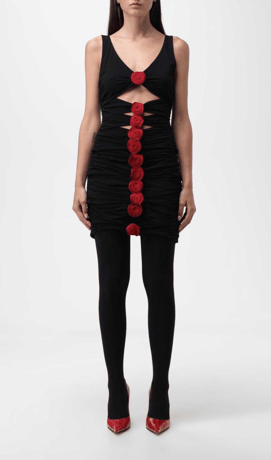 MINIKLEID AUS SCHWARZEM STRETCH-VISKOSEJERSEY MIT 3D-ROSENBLUMEN