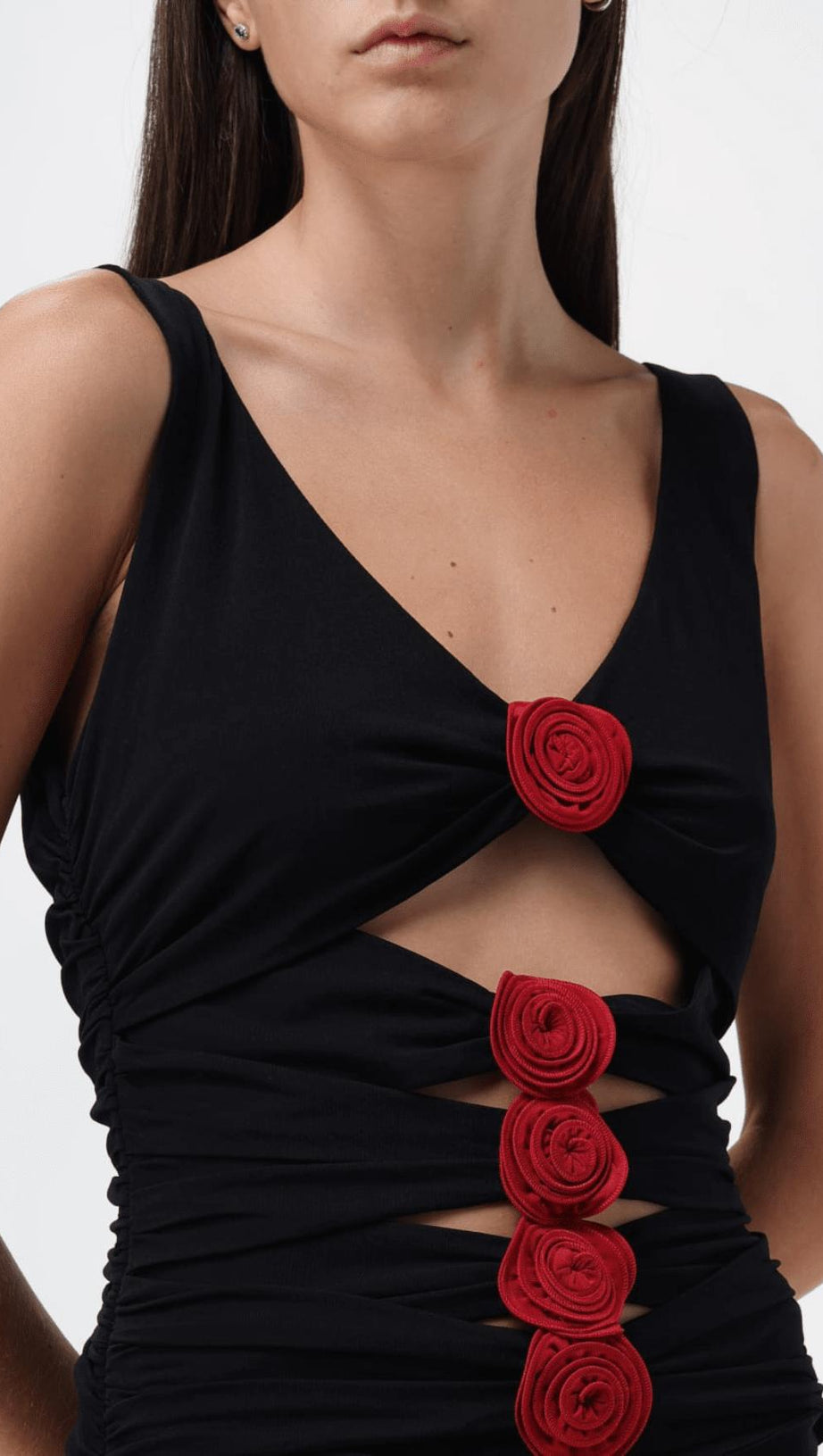 MINIKLEID AUS SCHWARZEM STRETCH-VISKOSEJERSEY MIT 3D-ROSENBLUMEN