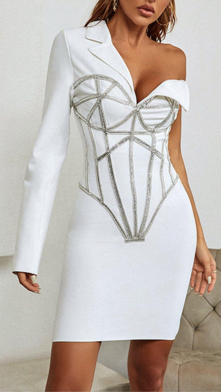 ADORNS ASYMMETRICAL ONE SHOULDER WHITE DRESS