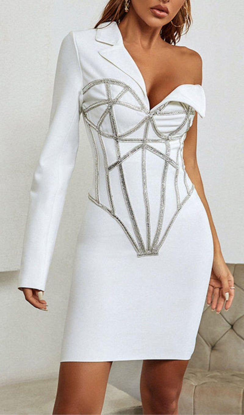 ADORNS ASYMMETRICAL ONE SHOULDER WHITE DRESS