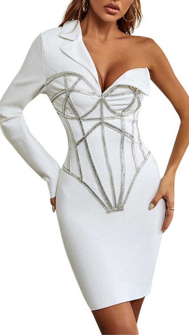 AIIZIE ADORNS ASYMMETRICAL ONE SHOULDER WHITE DRESS - product image