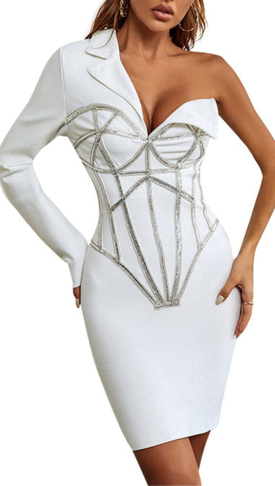 ADORNS ASYMMETRICAL ONE SHOULDER WHITE DRESS