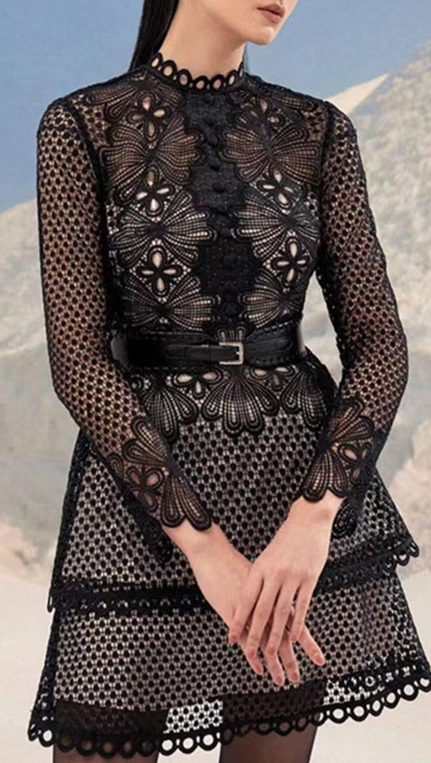 AIIZIE ROUND NECK LONG SLEEVE A LINE EMBROIDERY HOLLOW OUT MINI DRESS - product image