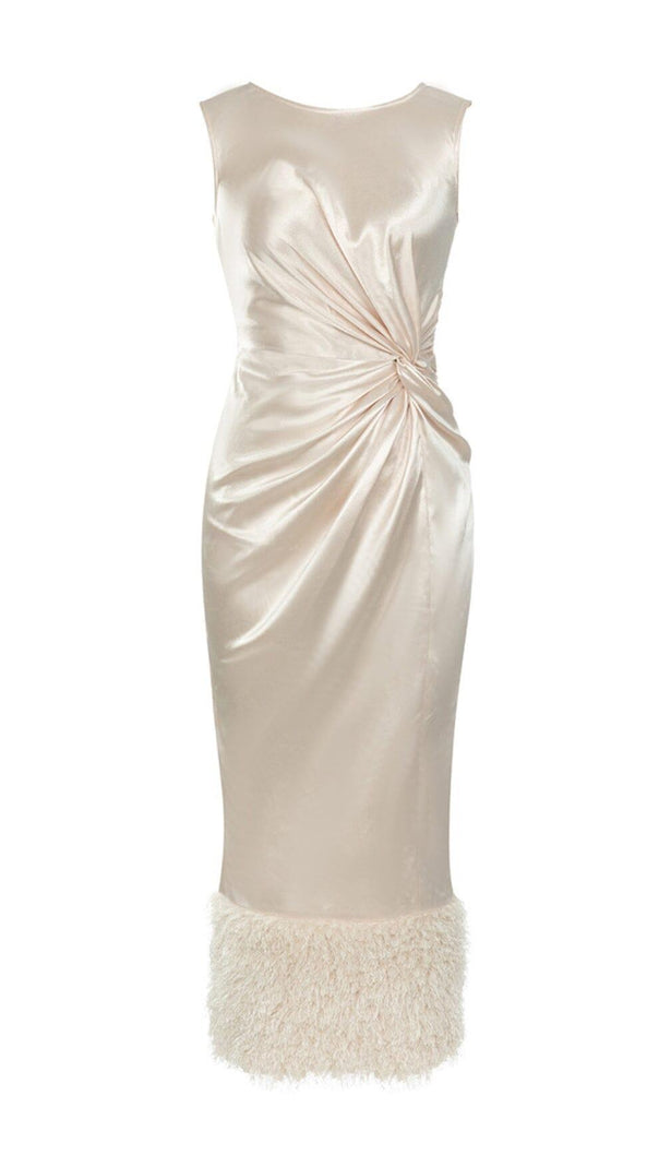 AIIZIE APRICOT SLEEVELESS PLEATED FEATHER HIP DRESS - product image